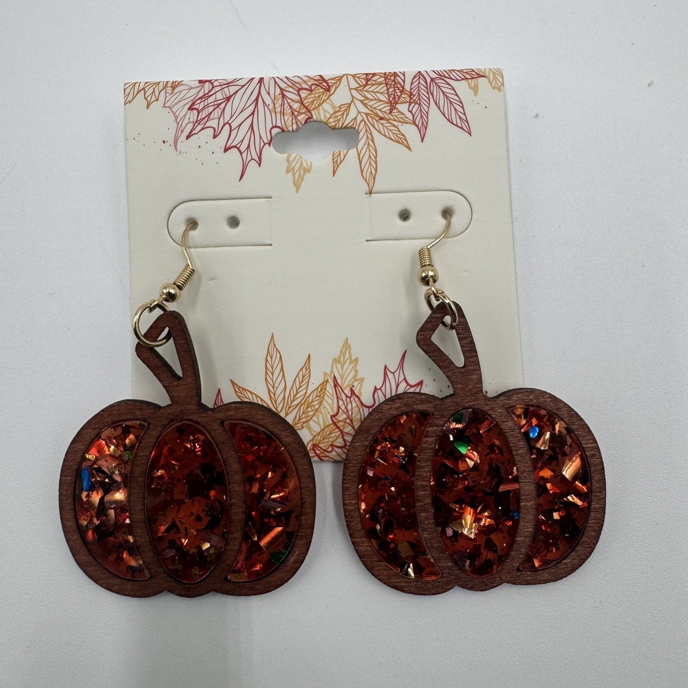 Fall Pumpkin Drop Earrings Stained Glass Look Confetti Resin Brown Orange Gold